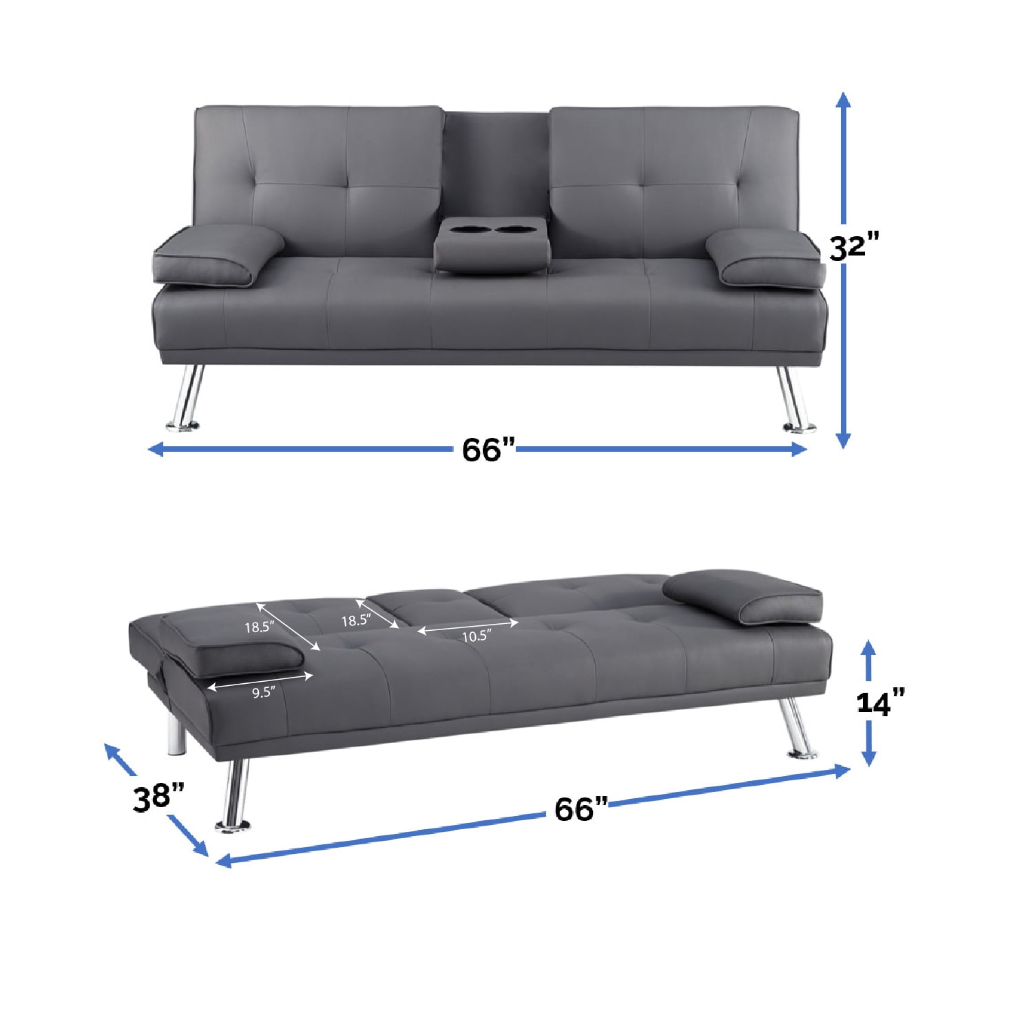 Futon Sofa Bed, Faux Leather Futon Couch with Armrest and 2 Cupholders, Pull Out Sofa Bed Couch Convertible with Metal Legs, Folding, Reclining Small Couch Bed, Futon Bed for Living Room - Gray