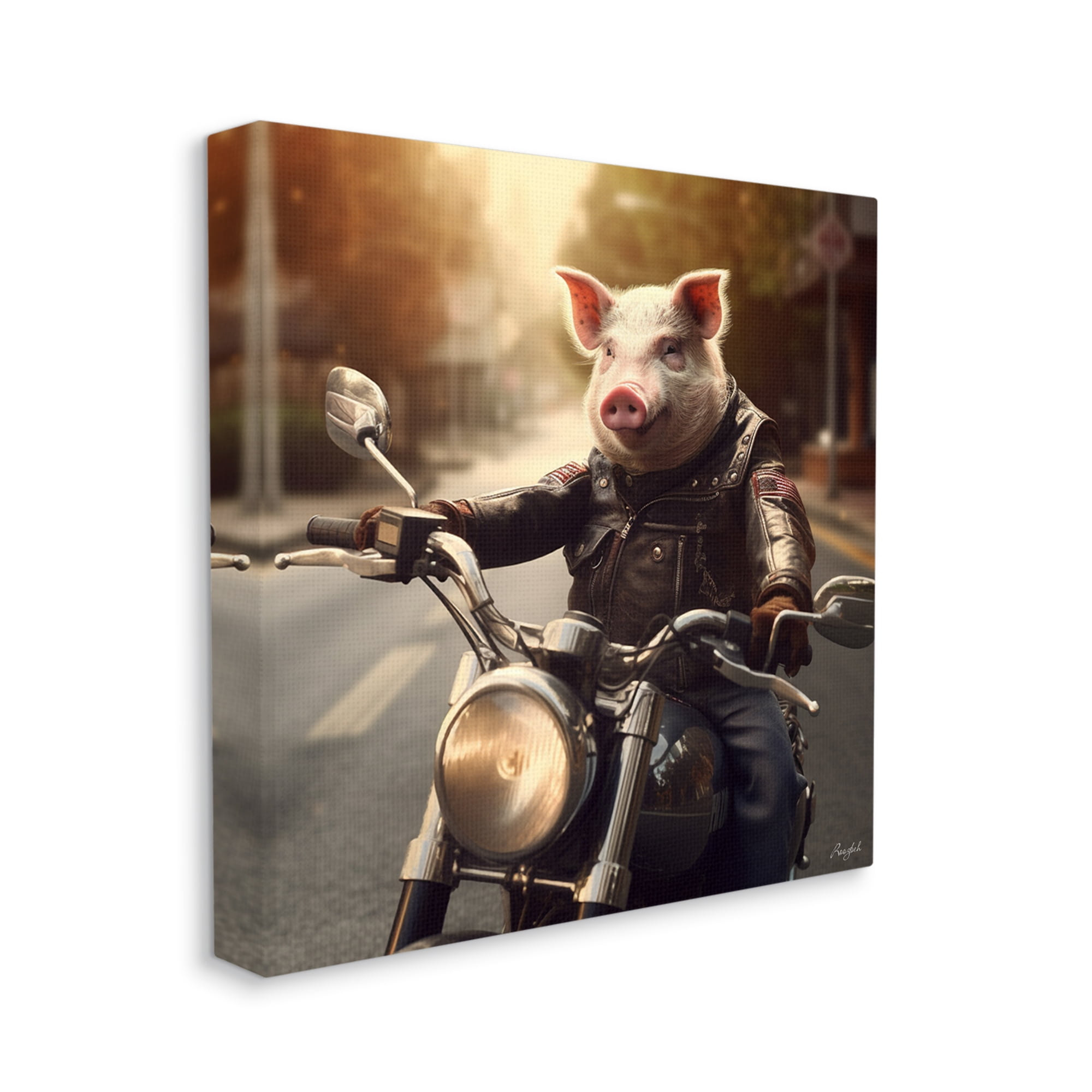 Stupell Industries Pig Riding Motorcycle Animals & Insects Painting Gallery Wrapped Canvas Art Print Wall Art, 17 x 17