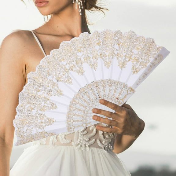WRITWAA 2Pcs Portable White Hand Fan with Vintage Style Handle for Wedding and Performance Use