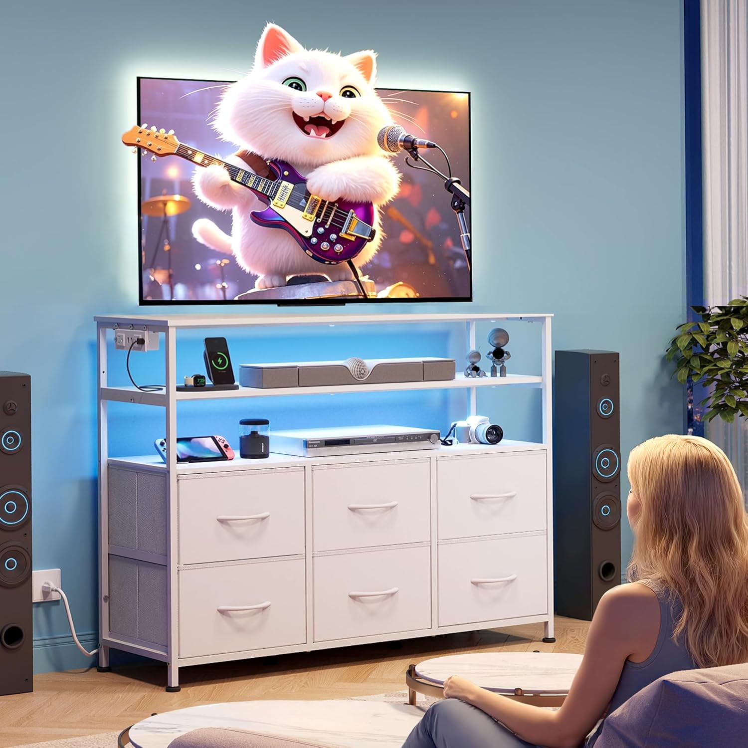 MCQ 39-inch TV Stand for up to 45 inch TVs, Entertainment Center with RGB LED Lights & Charging Station, Media Console with 6 Fabric Drawers, Black