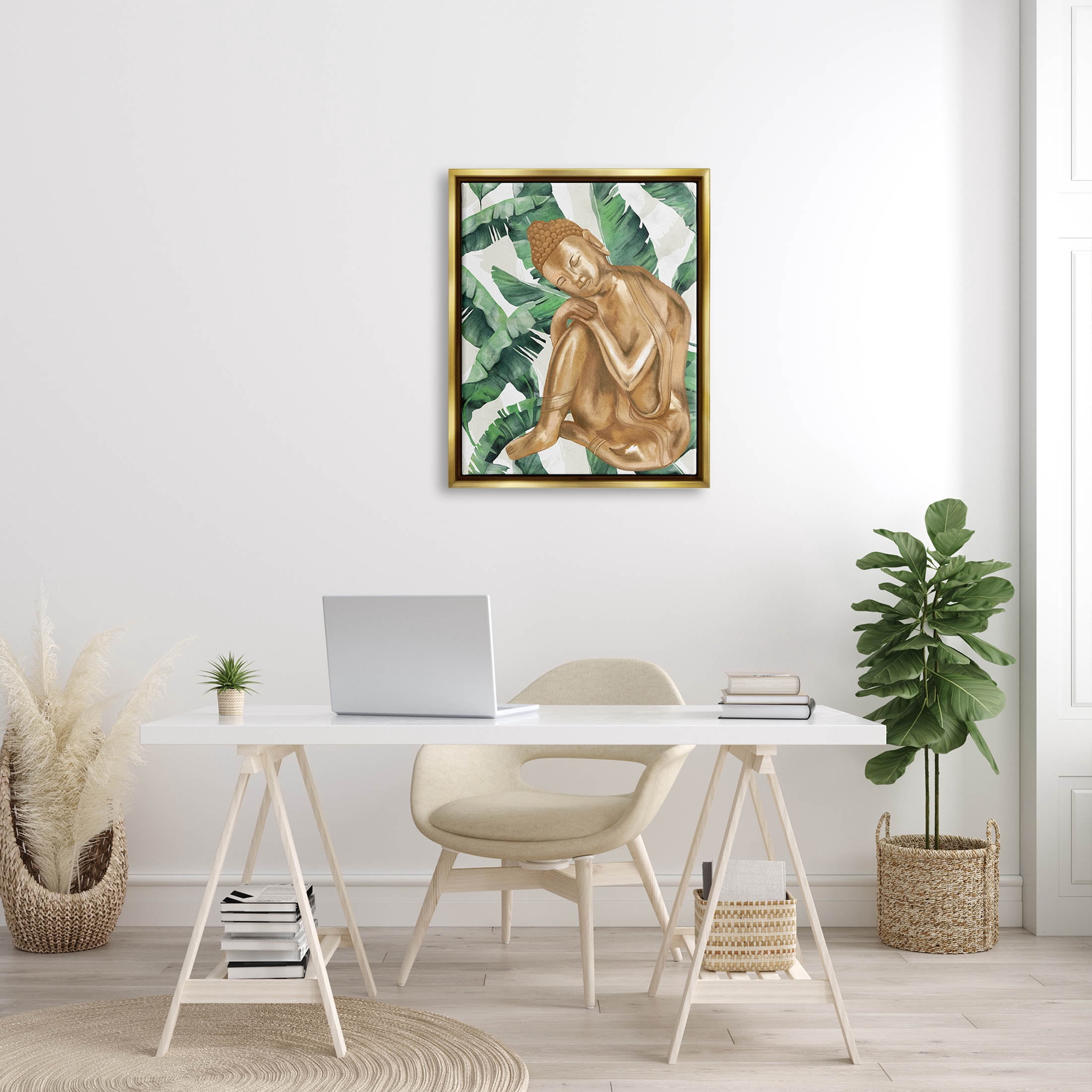 Stupell Industries Tropical Leaves Pattern Buddha Graphic Art Metallic Gold Floating Framed Canvas Print Wall Art, Design by Lil' Rue