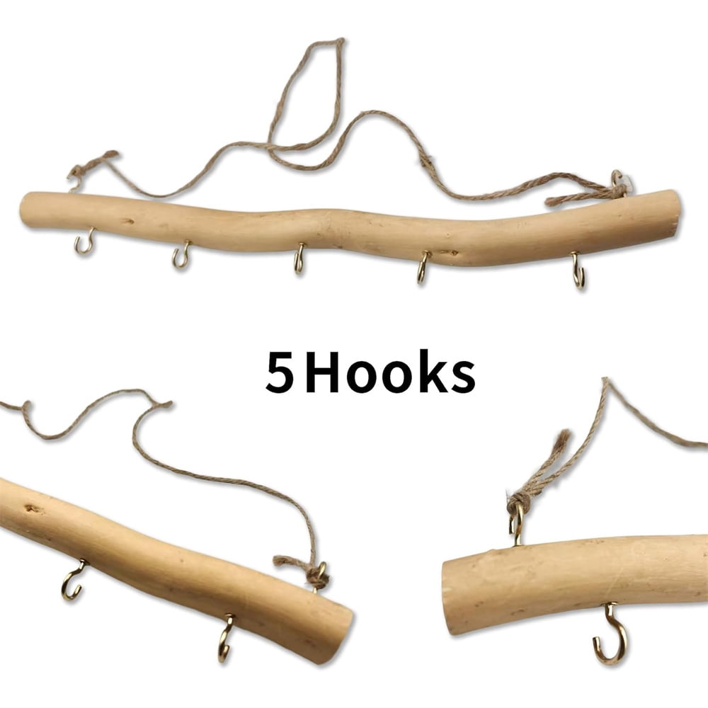 HXRH 2Pcs Driftwood Wall Hanging Jewelry Hanger 16 InchRustic Wood Hanger Tree Branch Jewelry Organizers with 5 Hooks Decor Craft