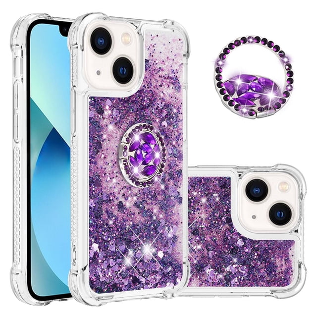 Funda para iPhone 13 con Brillo Líquido Flotante, Purpurina, Parachoques y Anillo Giratorio Soporte