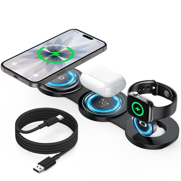 Cshidworld Wireless Charger for iPhone, 3 in 1 Charging Station for Apple Devices, Travel Magnetic Charger Stand for iPhone 17 16 15 14 13 12 Pro Max, AirPods 4/3/2/Pro, Apple Watch 3-10