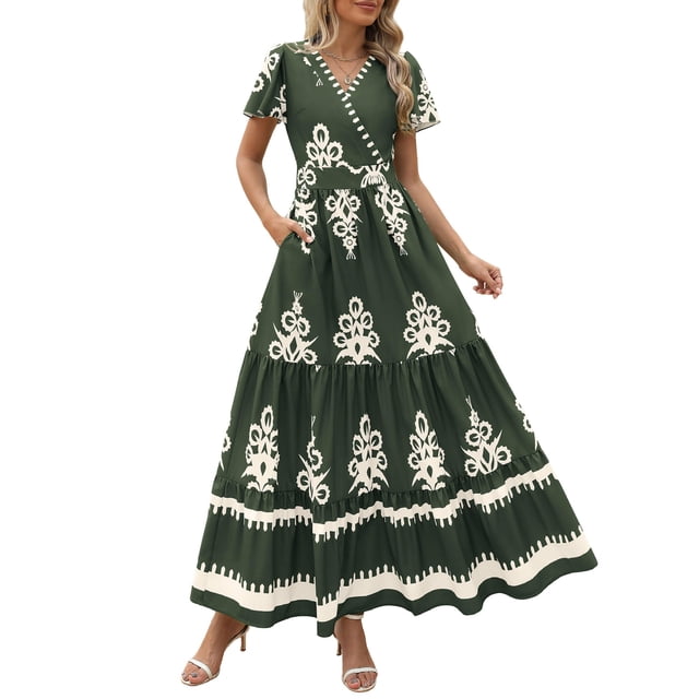 Vestido largo PRETTYGARDEN para mujer, verano 2025, cuello en V, estampado floral