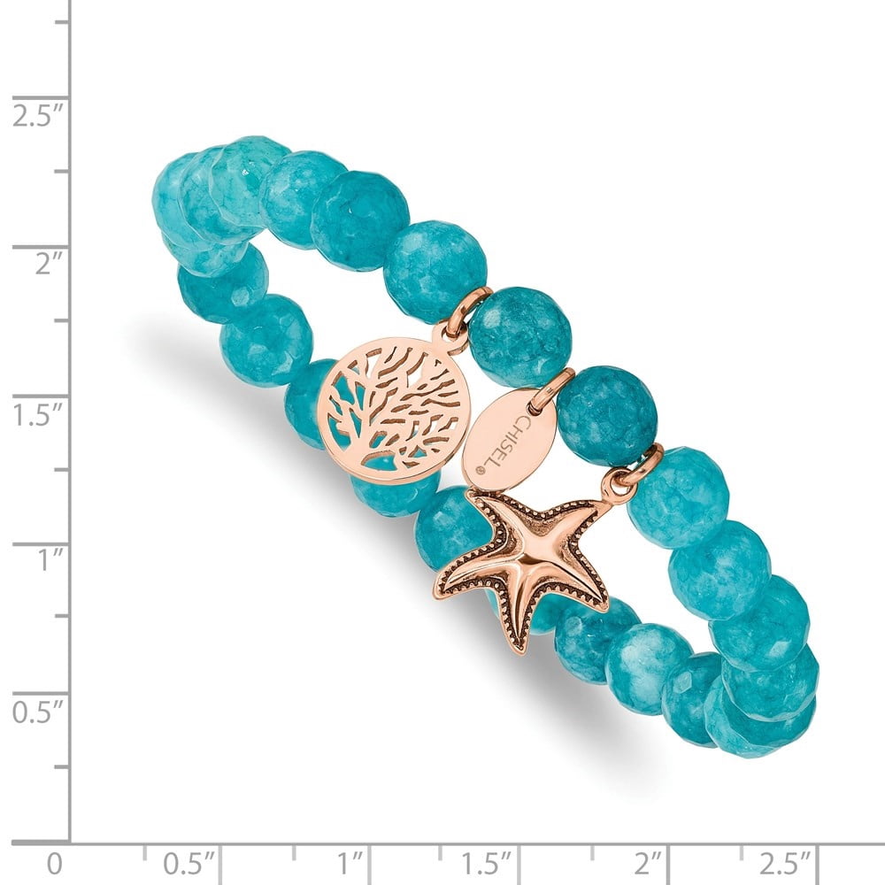 Diamond2Deal Stainless Steel Rose IP-Plated Starfish and Tree of Life 8mm Aqua Dyed Jade Beaded Stretch Bracelet for Women 6"