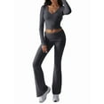 thumbnail image 3 of Conjunto Deportivo de 2 Piezas para Mujer, Camiseta de Larga, Pantalones Acampanados con Solapa, Chándal Informal, Gris Oscuro, Talla XS, 3 of 8