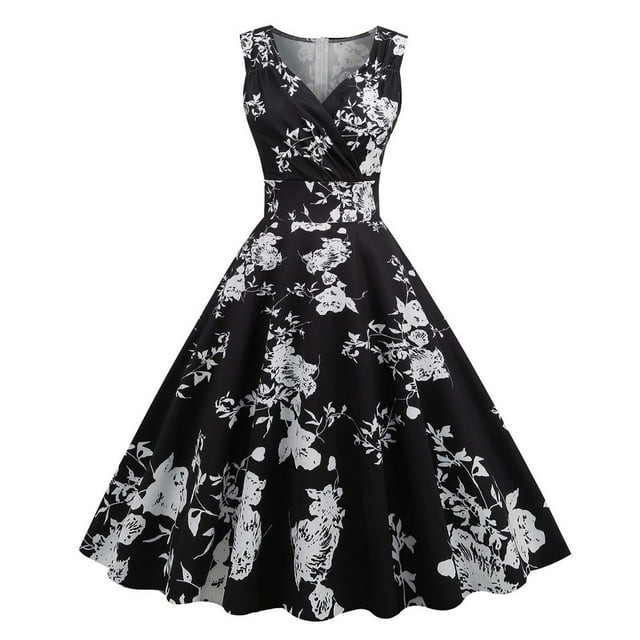 CHUANK Robes d'Été pour Femmes Mode pour Femmes Col en V Sans Manches Imprimé Vintage Fête Cocktail Robes Évasées Robes Extensibles Évasées