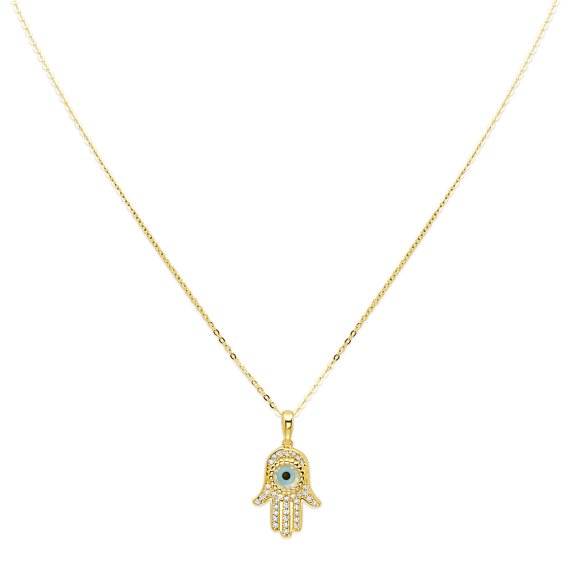 Wellingsale 14k Yellow Gold Polished CZ Cubic Zirconia Evil Eye Necklace - 18"