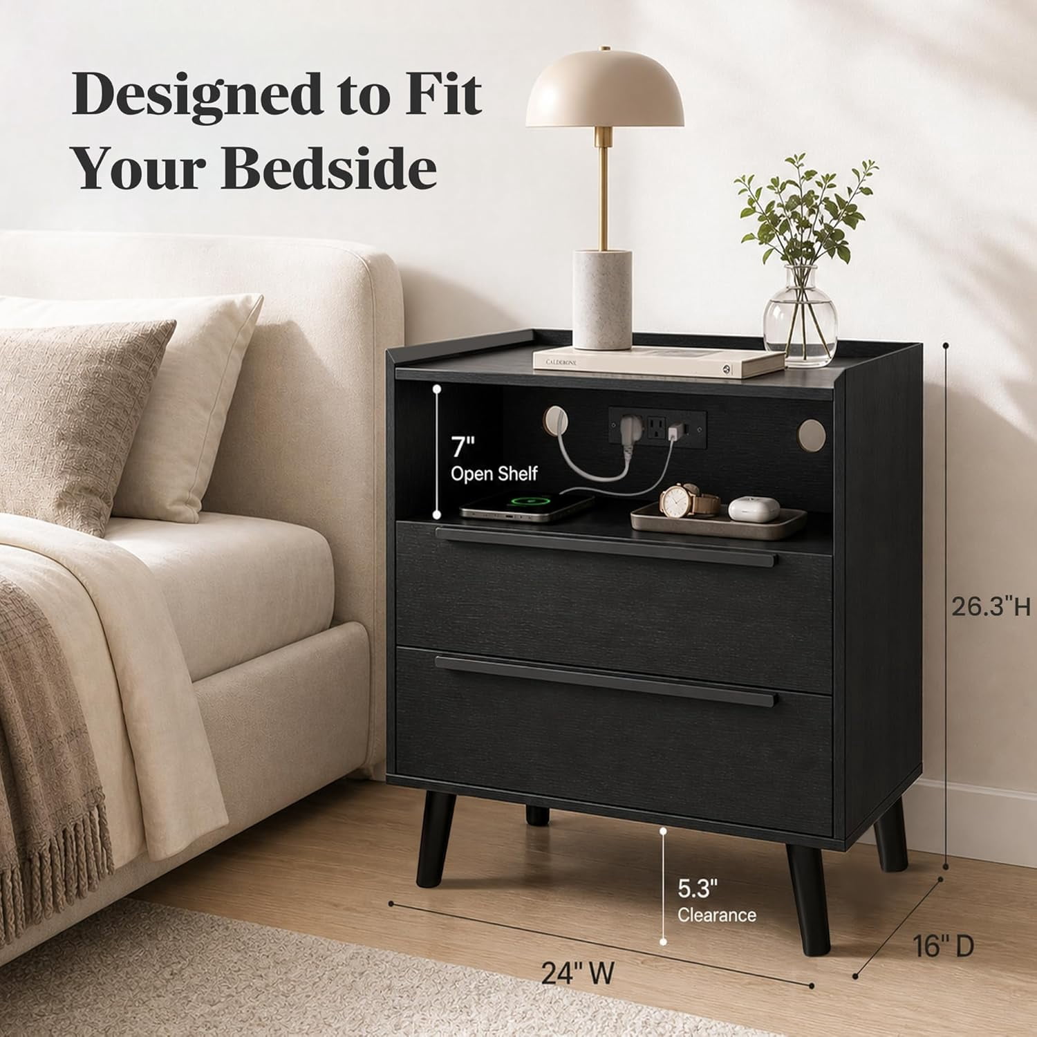 26" Tall Black Nightstand Set of 2 with Charging Station, 2 Drawer Modern Bedside Tables with Tray Top, USB & Type-C Ports and AC Outlets for Bedroom or Living Room