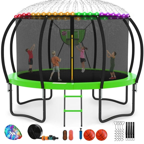 GVDV 12FT Outdoor Trampoline, Backyard Recreational Pumpkin Trampoline for Kids