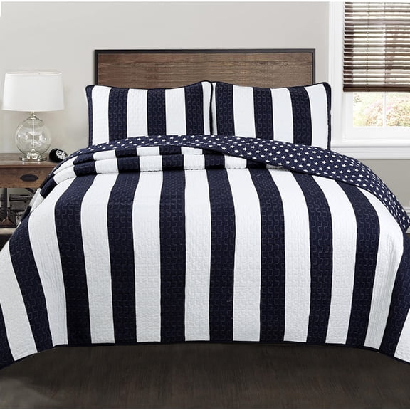 Cozy Line Sailor Popeye Bedding Quilt Set, Nautical Navy Blue White Star Striped Pattern Printed 100% Cotton Reversible Coverlet Bedspread for Kids Boy(Sailor Star, King - 3 Piece)