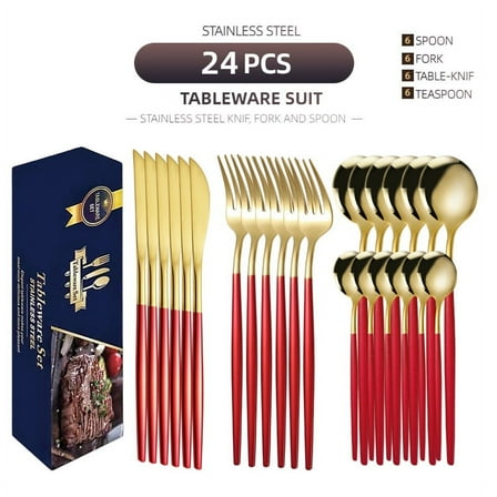 Silverware 24 Pieces, red Surface Handle and Matte Gold Head Flatware, Stainless Steel Cutlery Set, Utensils, Service for 6