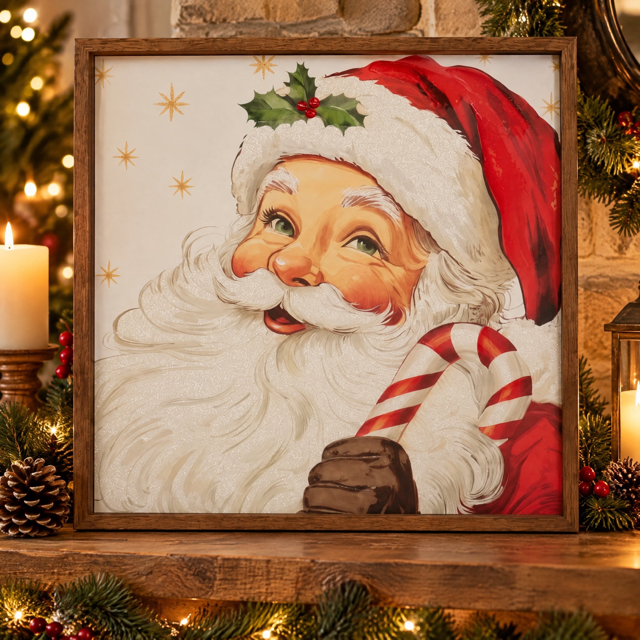 Santa with Candy Cane Framed Christmas Wall Art, Multicolor, 22" x 22", by Holiday Time