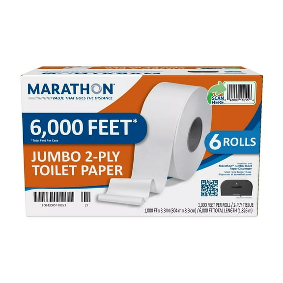 Marathon Jumbo Roll 2-Ply White Toilet Paper 6 rolls, 1000 ft./roll