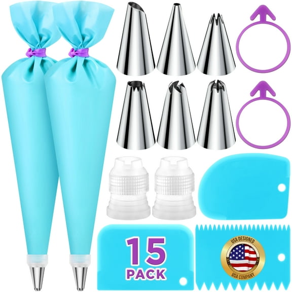 Piping Bags & Tips Set (15 Pcs, Blue) Reusable Pastry Kit for Cake Frosting Decoration by EcoEarth