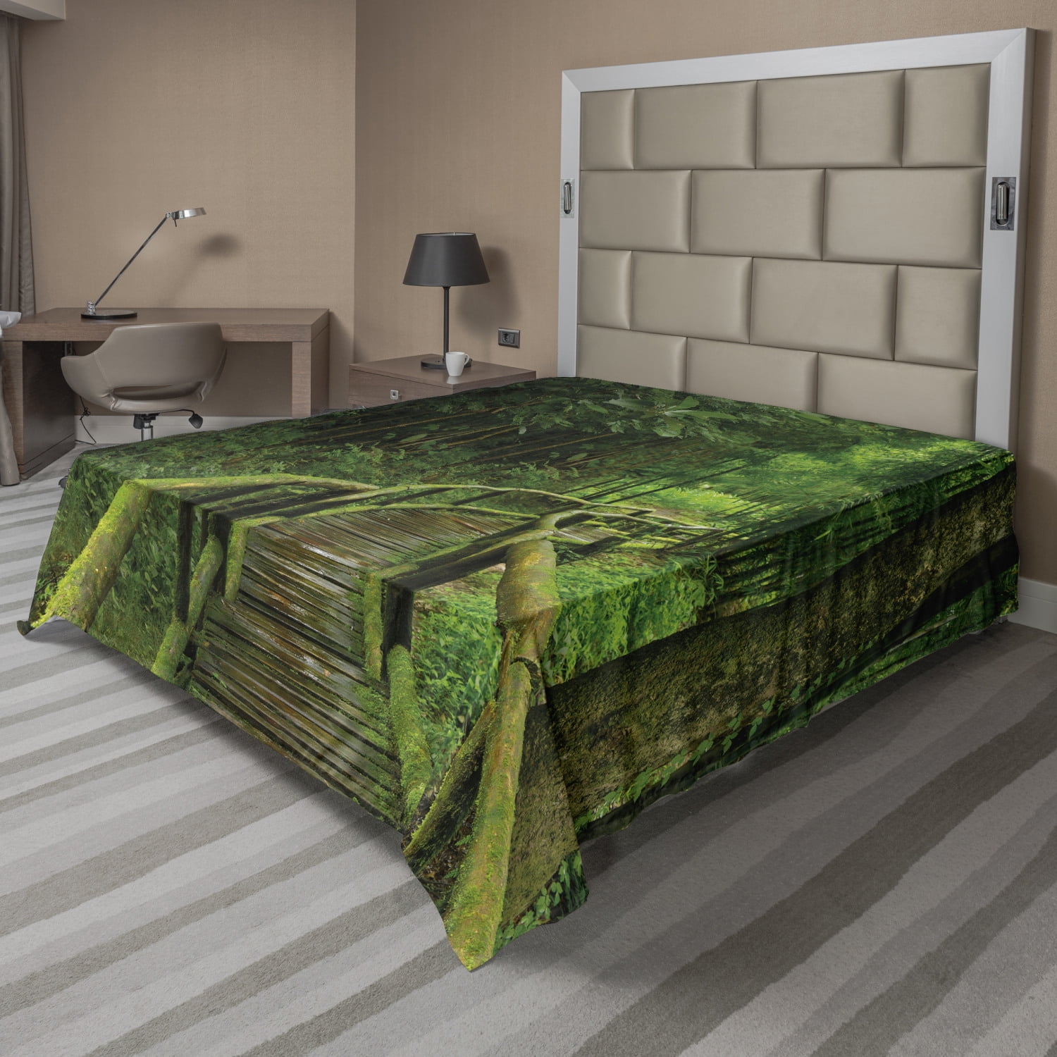 Jungle Flat Sheet, Rainforest in Thailand Foliage Greenery Wooden