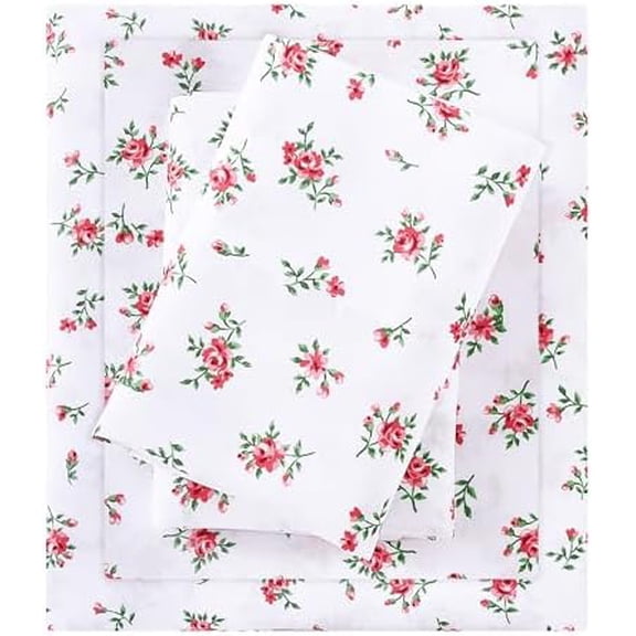 Cozy Vintage Microfiber Printed Floral Twin Sheet Set - Soft & Breathable Red Rose Bed Sheets with Extra Deep Pocket - Non-Slip Fitted Design - Red Rose Leaves Pattern - Twin