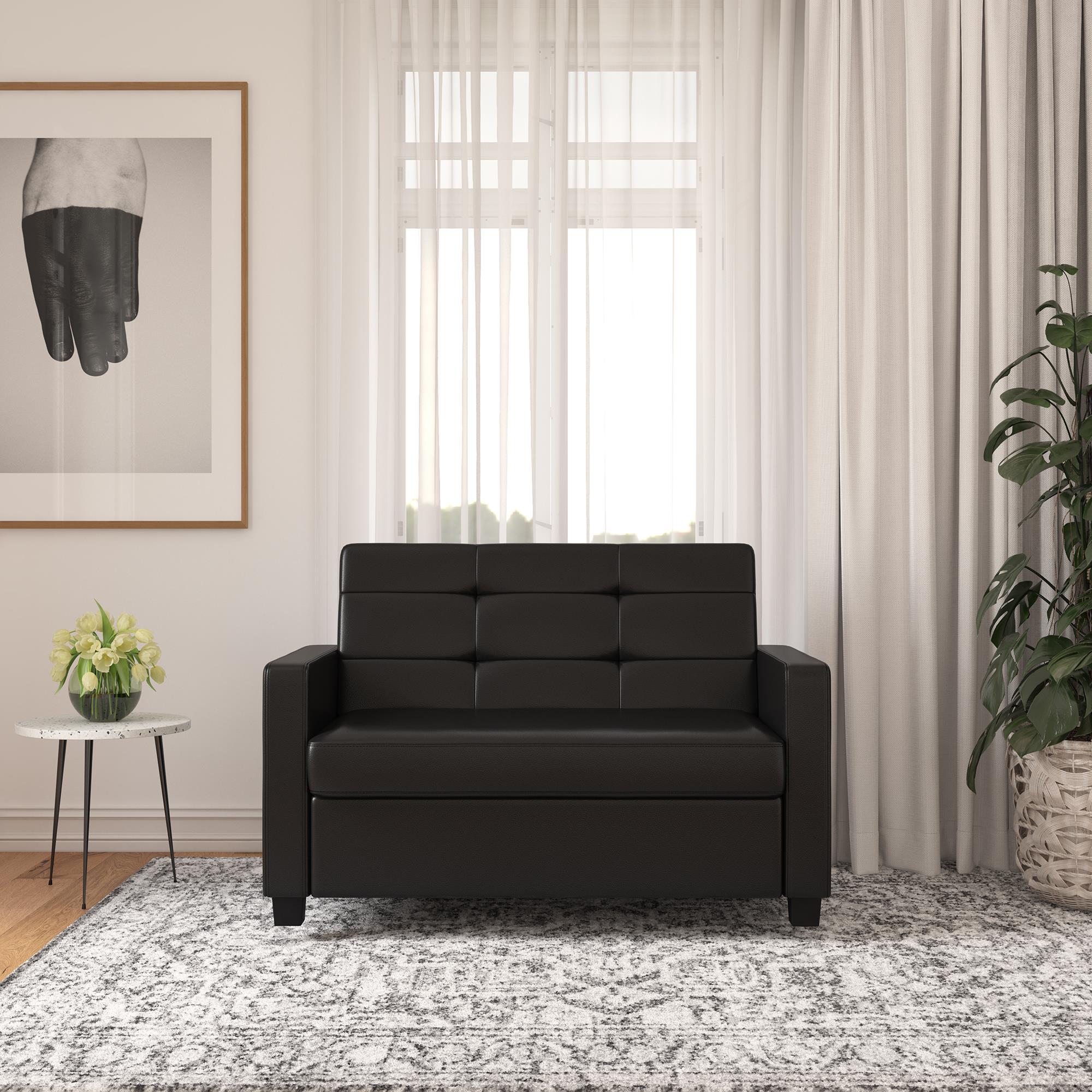 Mainstays Loveseat Sleeper Sofa with Twin Memory Foam Mattress, Black Faux Leather - image 3 of 27