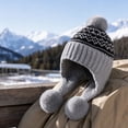 thumbnail image 3 of Voska Womens Thick Knit Ear Flap Winter Hat Soft Fleece Lined 3 Pom Pom Pull On Beanie with Fair Isle Pattern Gray One Size, 3 of 4