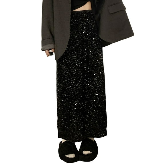 LMLYSoH Women Long Skirt, Elegant Elastic Waist Shiny Sequins Casual Skirt Streetwear for Daily