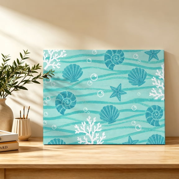 Summer Teal Ocean Canvas Wall Art, Coastal Nautical Beach Sea Shell Starfish Coral Wall Art Prints Artwork Framed Canvas Ready to Hang Art Pictures for Study Living Dining Room Bedroom 20" x 16"