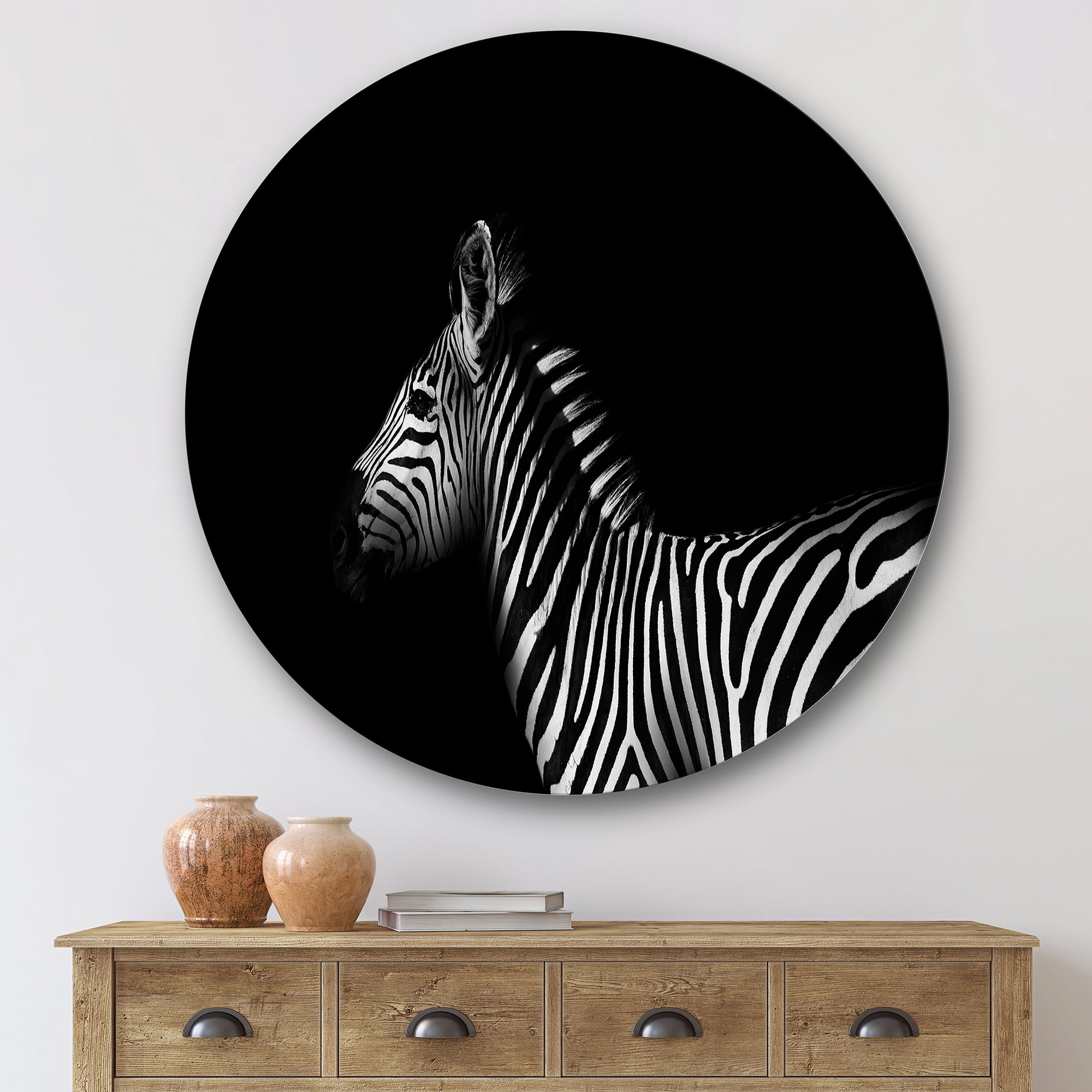 Designart 'Sideview Of Zebra In White and Black' Farmhouse Circle Metal Wall Art 36x36 - Disc of 36