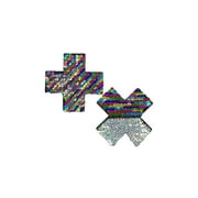 Pastease - Plus X Nipple Pasties - Rainbow & Silver Glitter Flip Sequin Cross - 3" x 3"