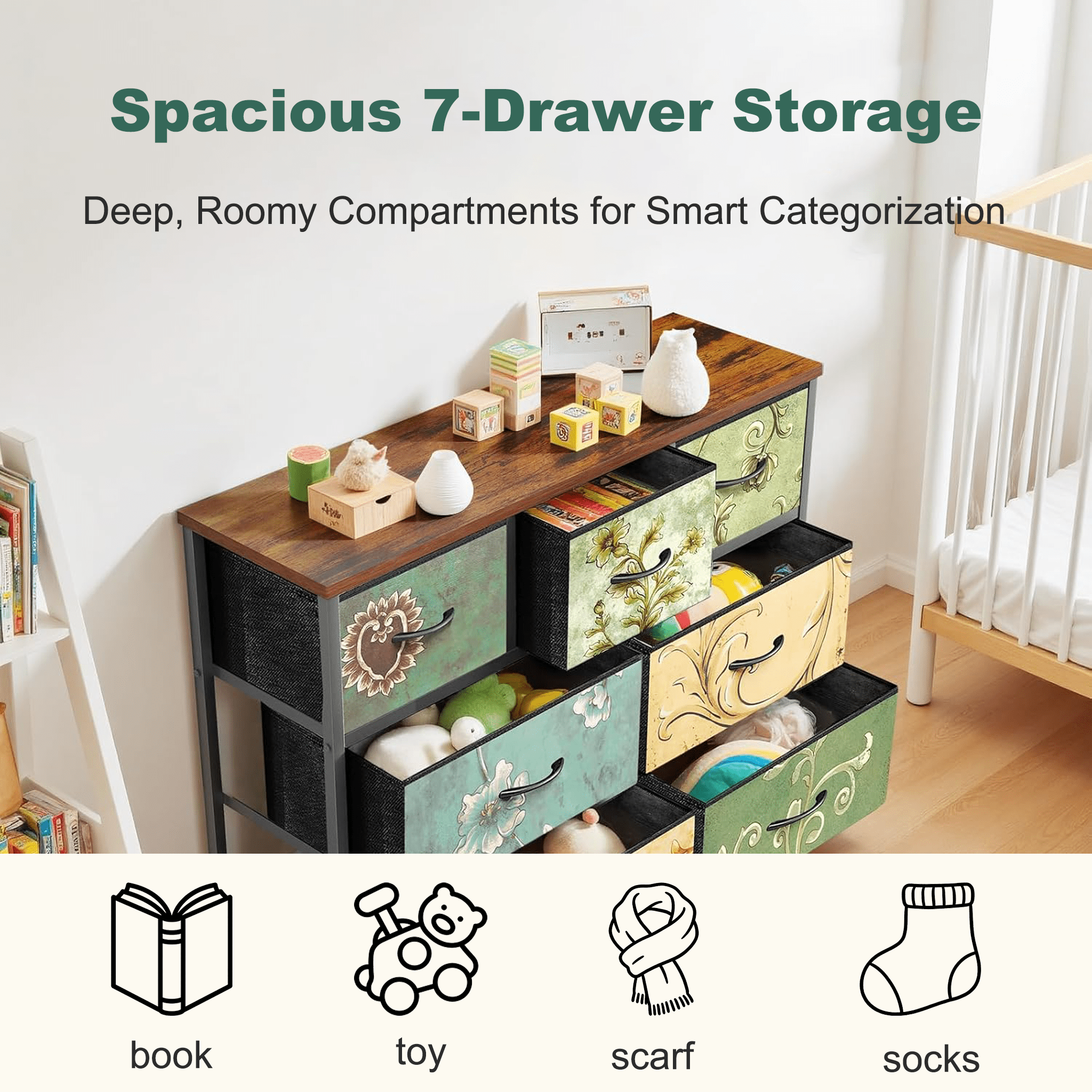 Aidoly 7-Drawer Wide Fabric Storage Dresser with Wooden Top - Space-Saving Bedroom & Closet Organizer, Floral Painted