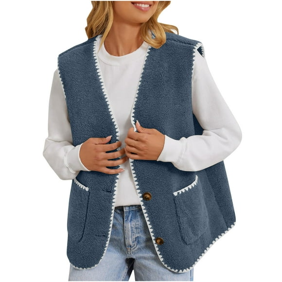 Drses Women's Fuzzy Fleece Vest Sleeveless Colorblock Sherpa Jacket Button Down Outerwear with Pockets