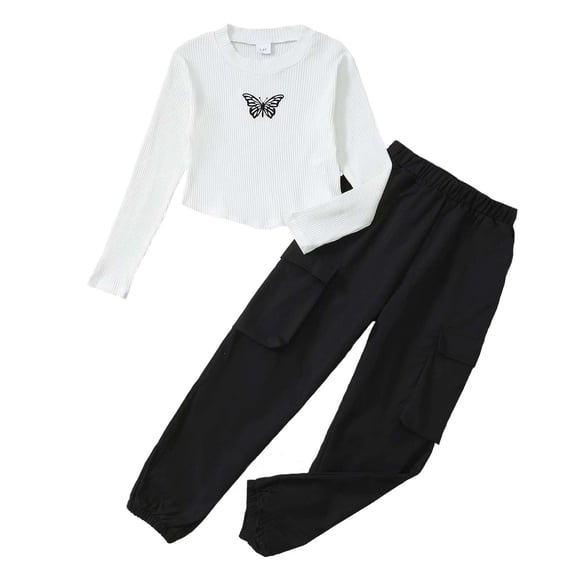 Kucnuzki 7 Years Big Girls Winter Clothes Set 8 Years Youth Child Kids Outfits Long Sleeves Knit Top Butterfly Print Crop Top Solid Color Cargo Pants Sets 2pcs Clothing White 7-8Y