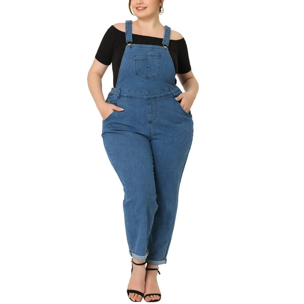 Agnes Orinda Women's Plus Size Casual Stretch Adjustable Denim Bib Overalls Jeans  Pants Jumpsuits Blue 1X 