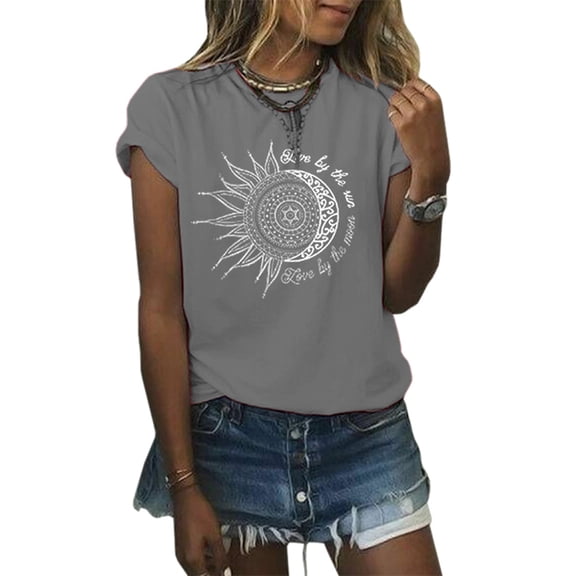 Womens Summer Short Sleeve Moon and Sun Printed T Shirts