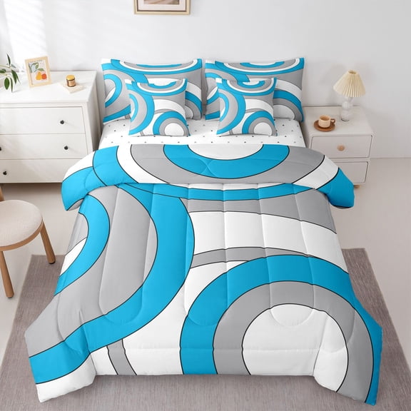 Homewish Abstract Stripes Boy Girl Twin Bedding Sets 7-Piece,Geometric Circle Bedding Comforter Set Microfiber,Vintage Aesthetic Breathable Sheet Sets,Breathable Home Decor,Reversible