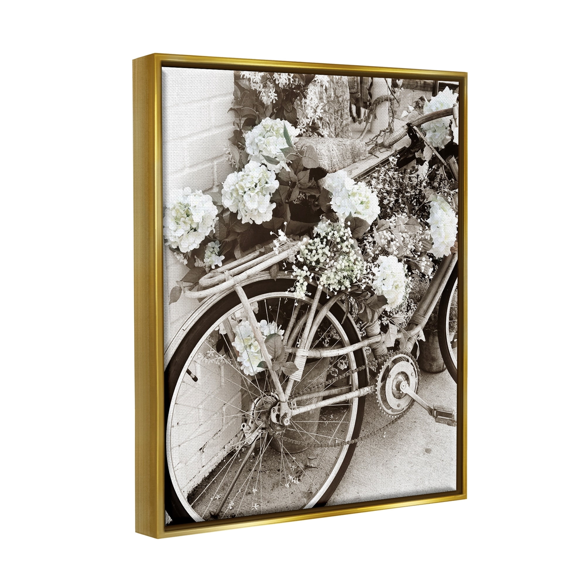 Stupell Industries Flower Blossom Covered Bicycle Vintage Neighborhood Photography Photograph Metallic Gold Floating Framed Canvas Print Wall Art, Design by Acosta