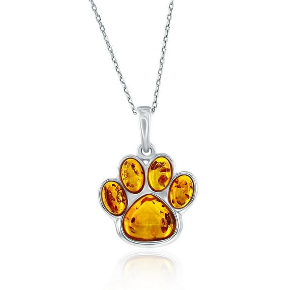 Beaux Bijoux Sterling Silver Natural Amber Necklace - Natural Gemstone Jewelry - Genuine Amber Necklace for Women - Paw-Print Amber Pendant Necklace