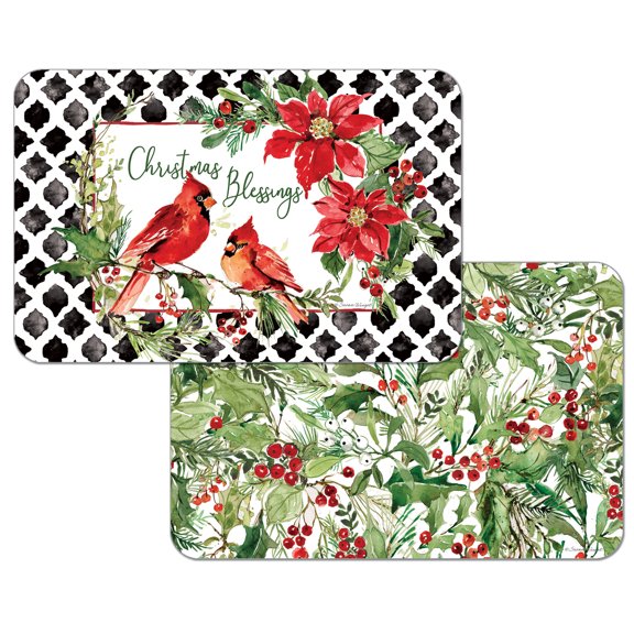 Wipe-Clean Reversible Holiday Placemats, Cardinal Greenery, Set of 2, Made in The USA