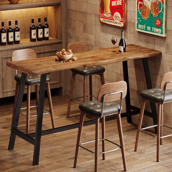 Finmind Solid Wood Bar Table, 55.1-Inch Counter Height Pub Table with Sturdy Metal Frame, Industrial Narrow Counter Bar Units for Pub/Kitchen/Living Room ,Brown and Black