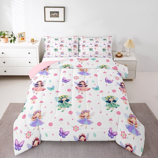 Erosebridal Ensembles de Douillette Princesse Elf Format Simple pour Filles, Douillettes et Couettes Chic Champignon Floral Papillon, Réversible 2 Pcs, Léger