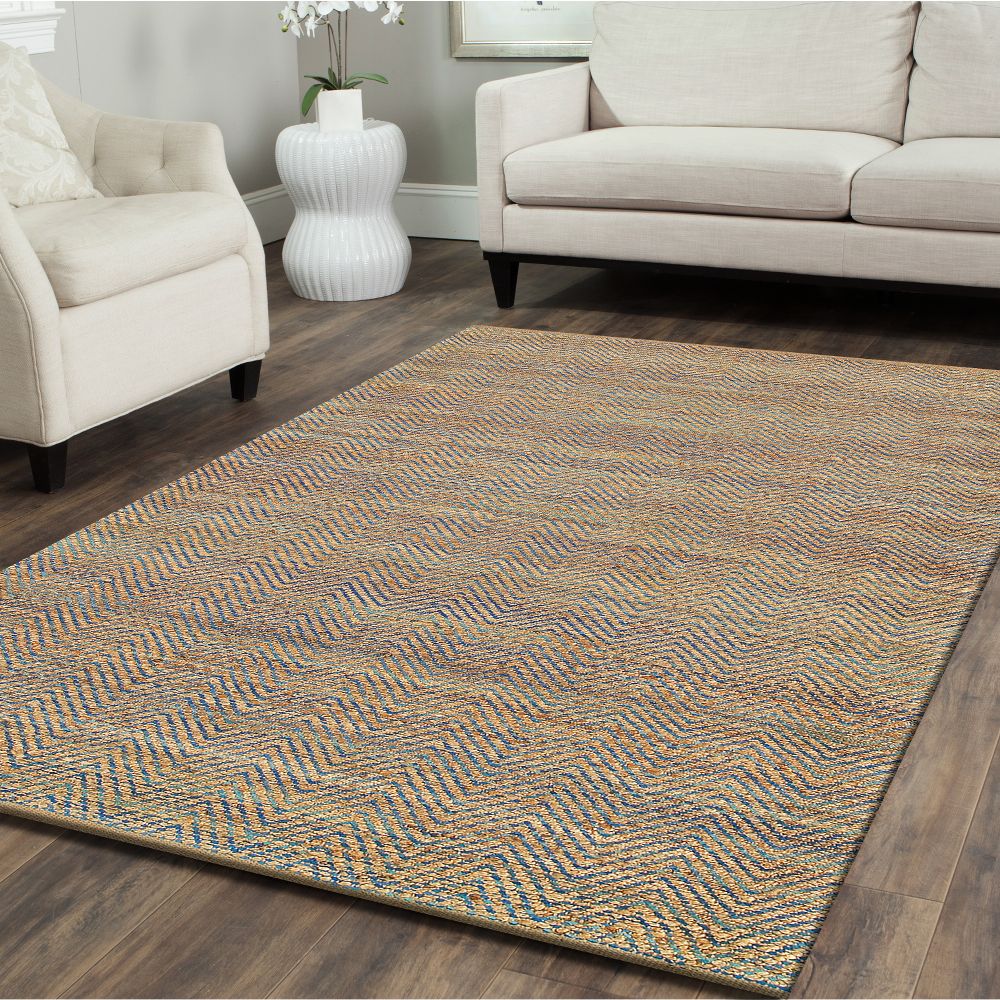 LR Home Natural Fiber Blue 5 Ft. x 7 Ft. 9 In. Jute Herringbone Chevron