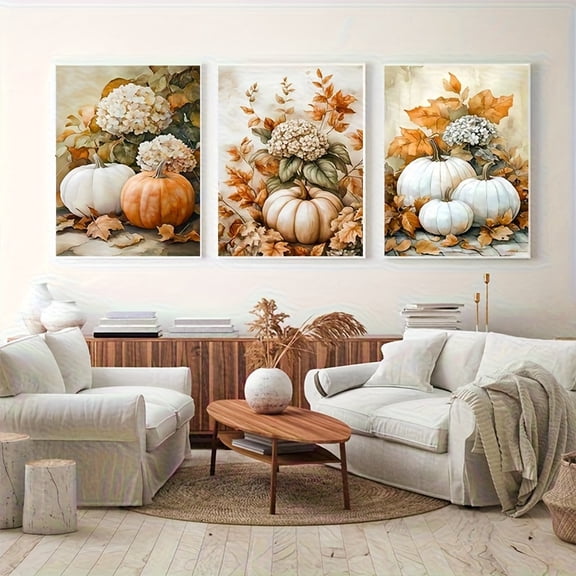 Set of 3pcs Country Farmhouse Pumpkin Canvas Mural, Autumn Harvest White, Orange & Grey Pumpkin, Thanksgiving Canvas Art Print, Unframed for Kitchen Restaurant Decor, Holiday Gifts.