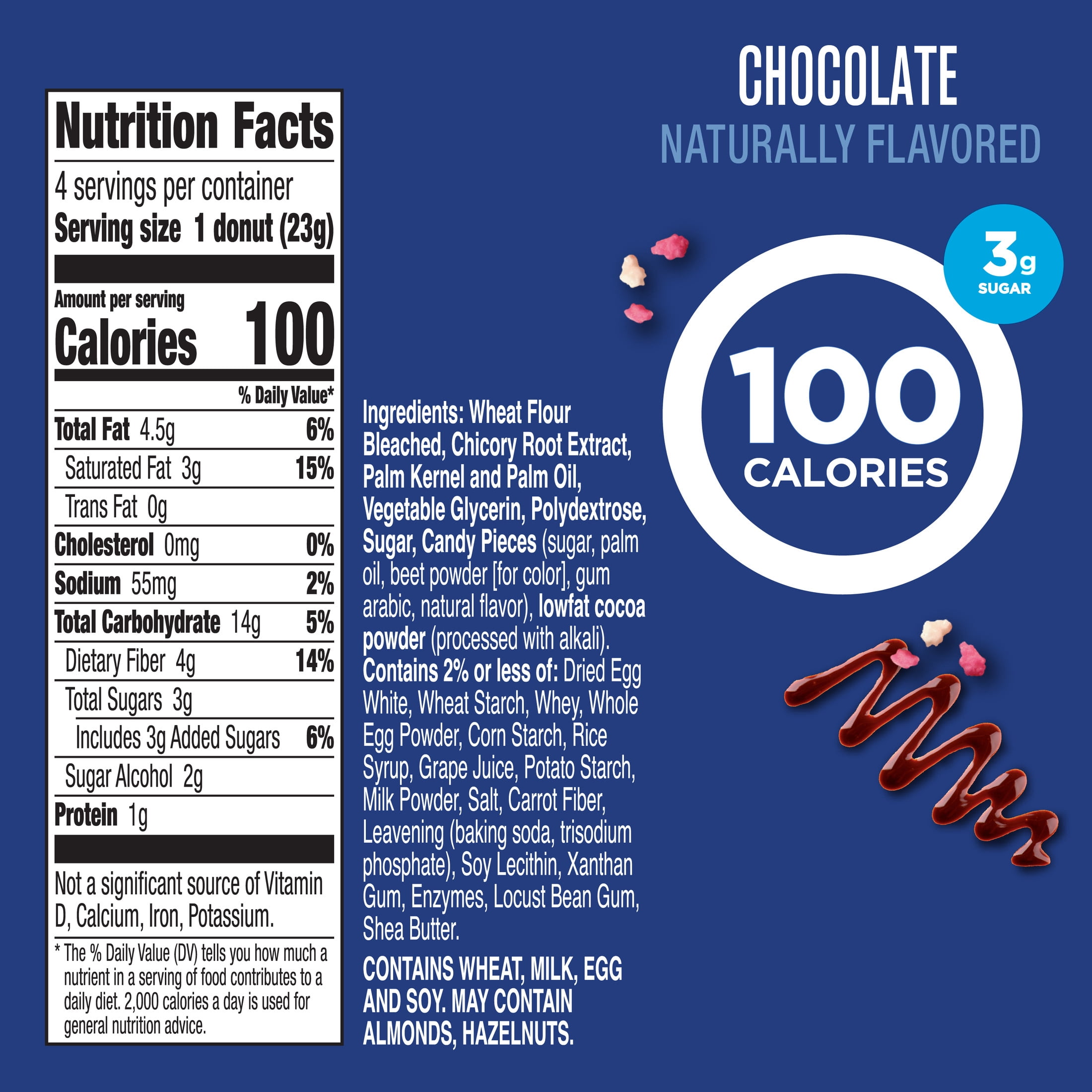 Fiber One 100 Calorie Donuts, Chocolate Snacks, 3g Sugar, 4 Count, 3.28 oz