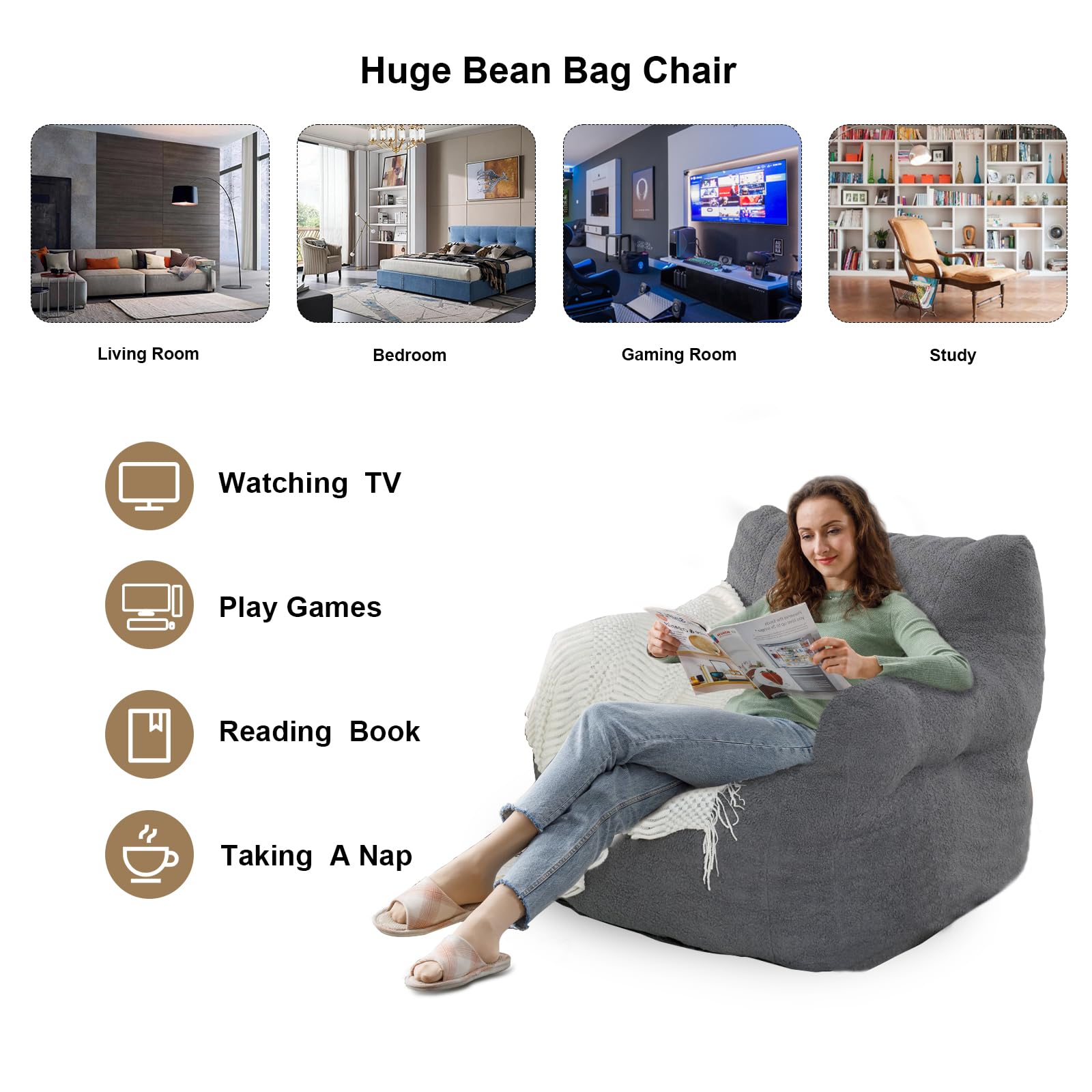 Baxluxe Bean Bag Chairs for Adults Kids Comfy Reading Chair Living Room Couch Home Sofa with Armrest Bean Bag Sofa with Filler Memory Foam Fluffy Lazy Sofa