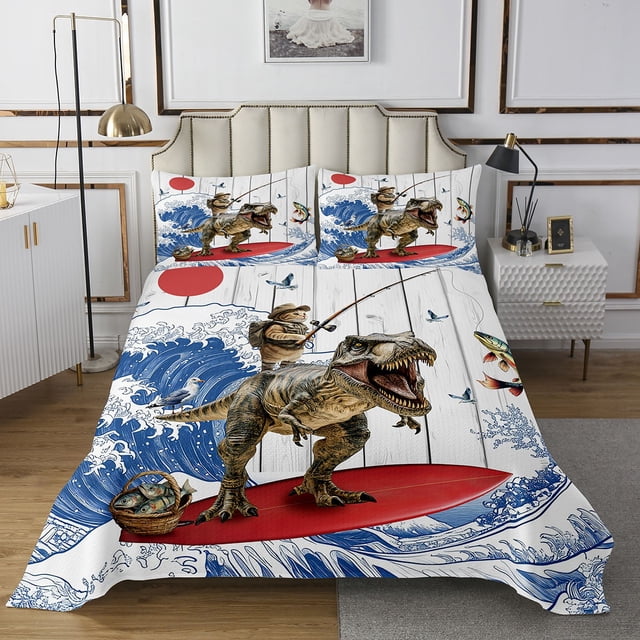 Erosebridal Cat Riding Dinosaur Coverlet Set King,Surfing Fishing Bedding Set,Animal Decor,Ultra Soft,3 Pieces