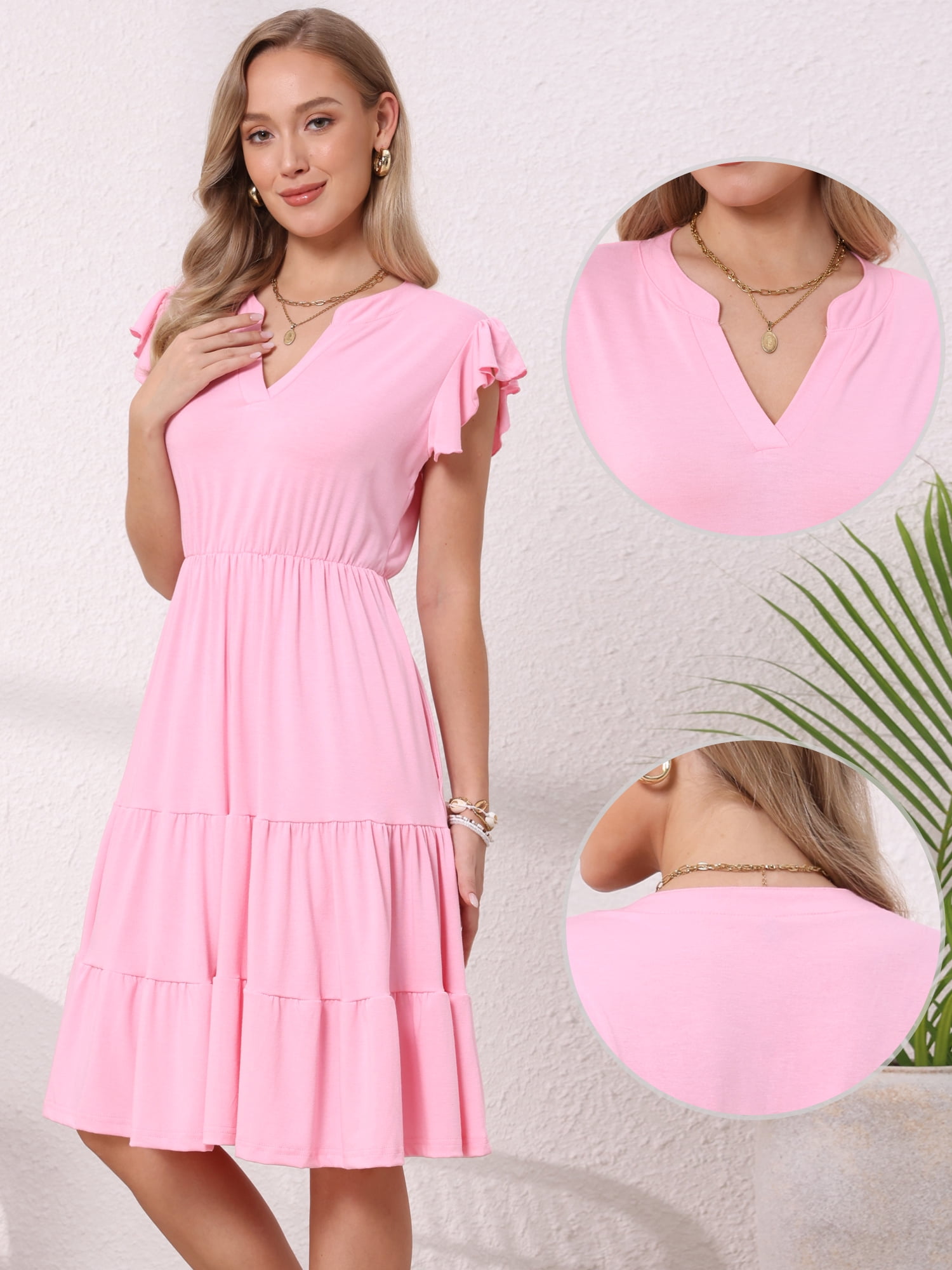 DARING DIVA Women's V Neck Ruffle Sleeve A-Line Flowy Tiered Design Dress XL Pink