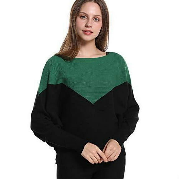 Styles I Love Women Autumn Winter Tow-Tone Boat Neck Batwing Sleeve Pullover Knitted Sweater Long Sleeve Loose Top