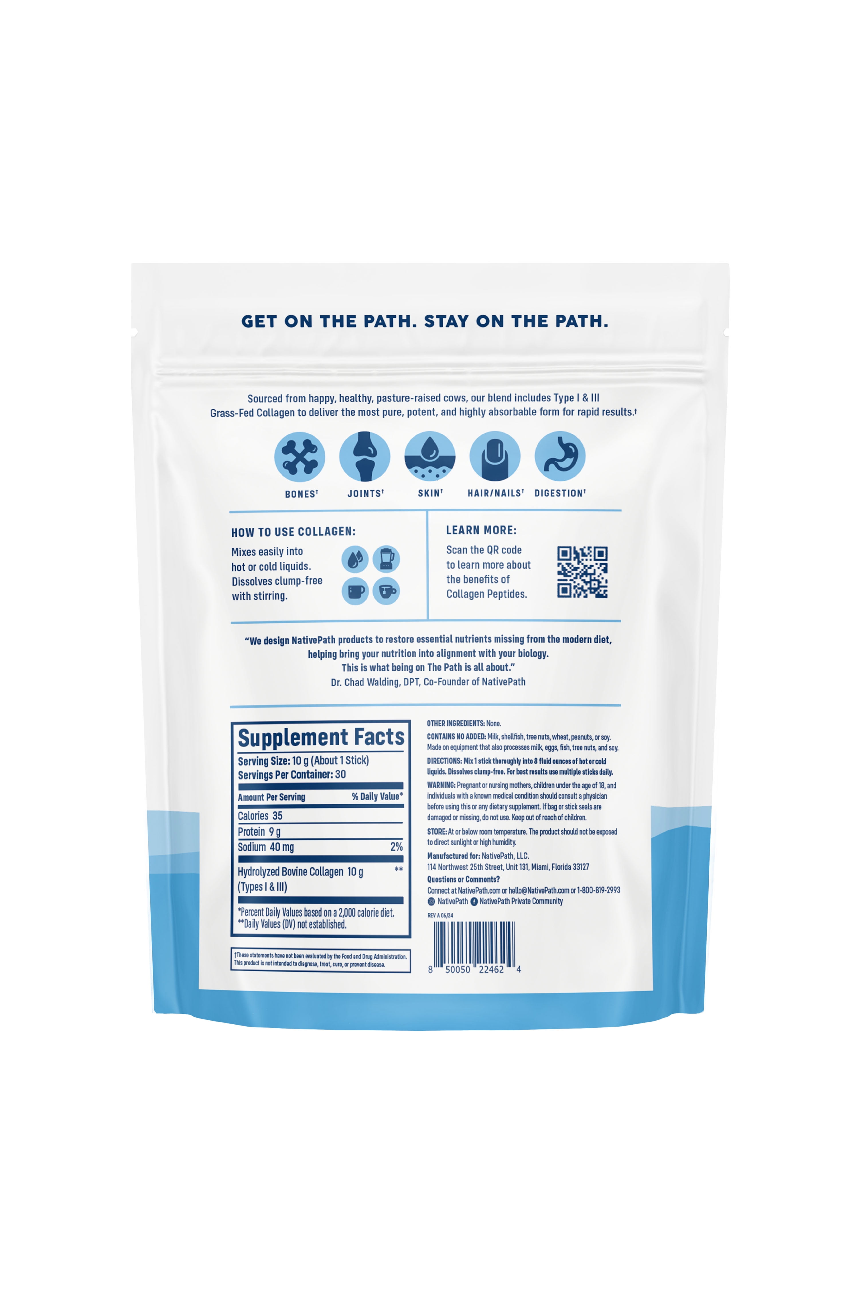 NativePath Collagen Peptides Stick Packs, Grass-Fed Type 1 and 3, Unflavored Travel Packets, 30 Count
