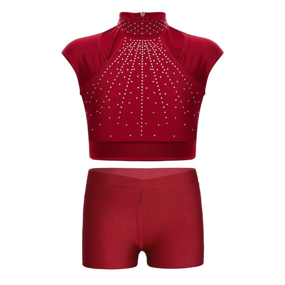 YONGHS Kids Girls 2 Piece Ballet Dance Gymnastics Sports Tracksuit Sequins Crop Top with Shorts Set Burgundy 10