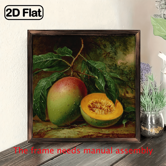 2D Flat, 8x8 Inch Rustic Wooden Framed Pastoral Floral Painting - Country Style Wall Art with Green Leaves Golden Fruit, Reusable Wooden Frame, Easy Hanging.