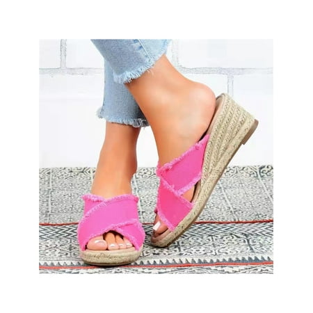 

SIMANLAN Women s Denim Wedges Sandals Indoor Lightweight Mules Slides Open Toe Shoes
